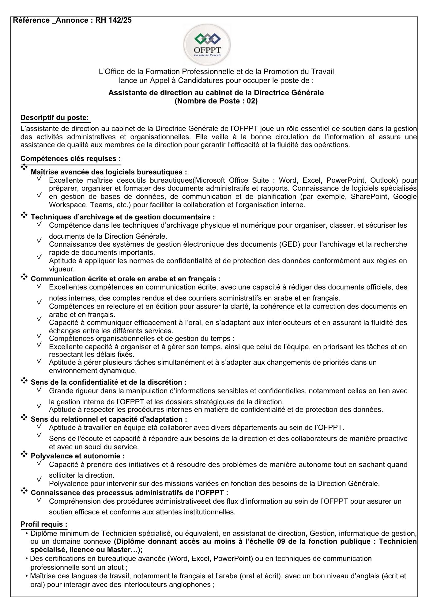 Concours Assistante de Direction OFPPT