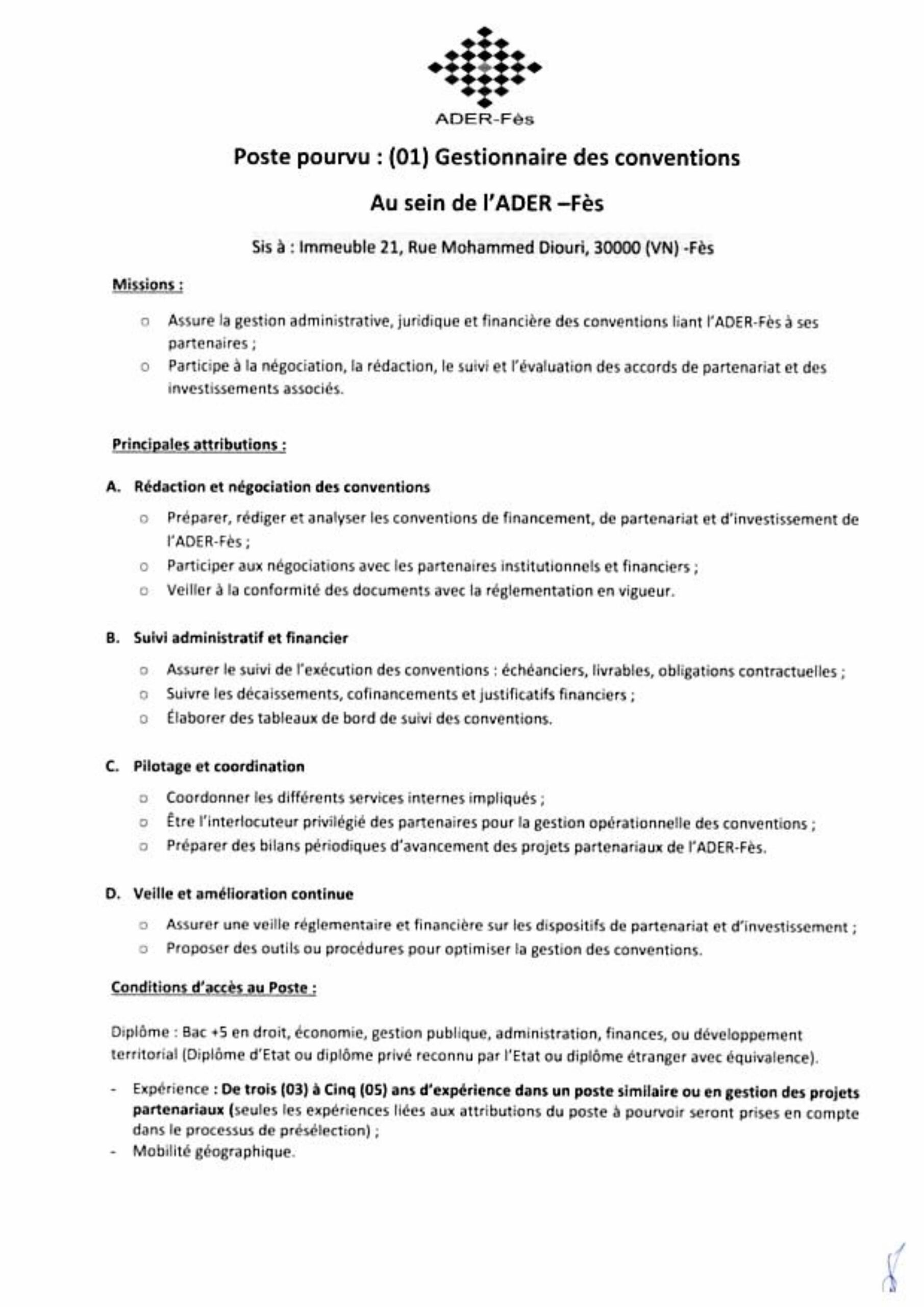 Concours Gestionnaire des Conventions ADER-Fès