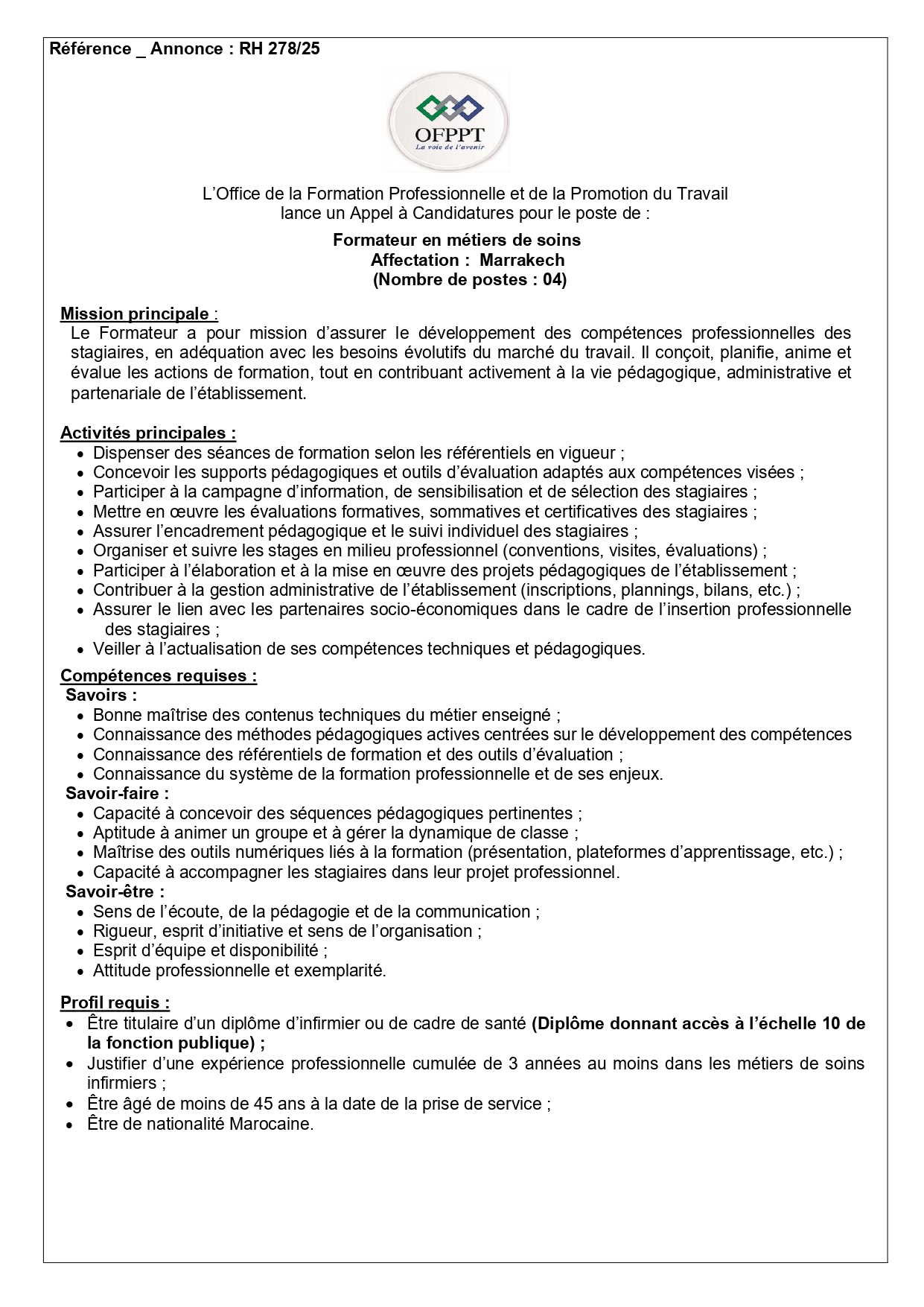 Formateur en métiers de soins OFPPT