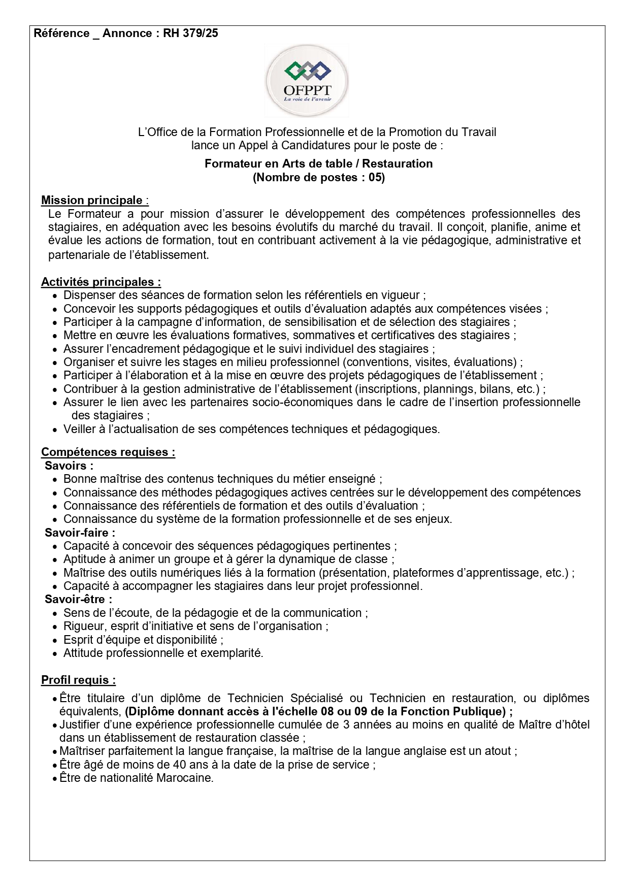 Concours Formateur Restauration OFPPT