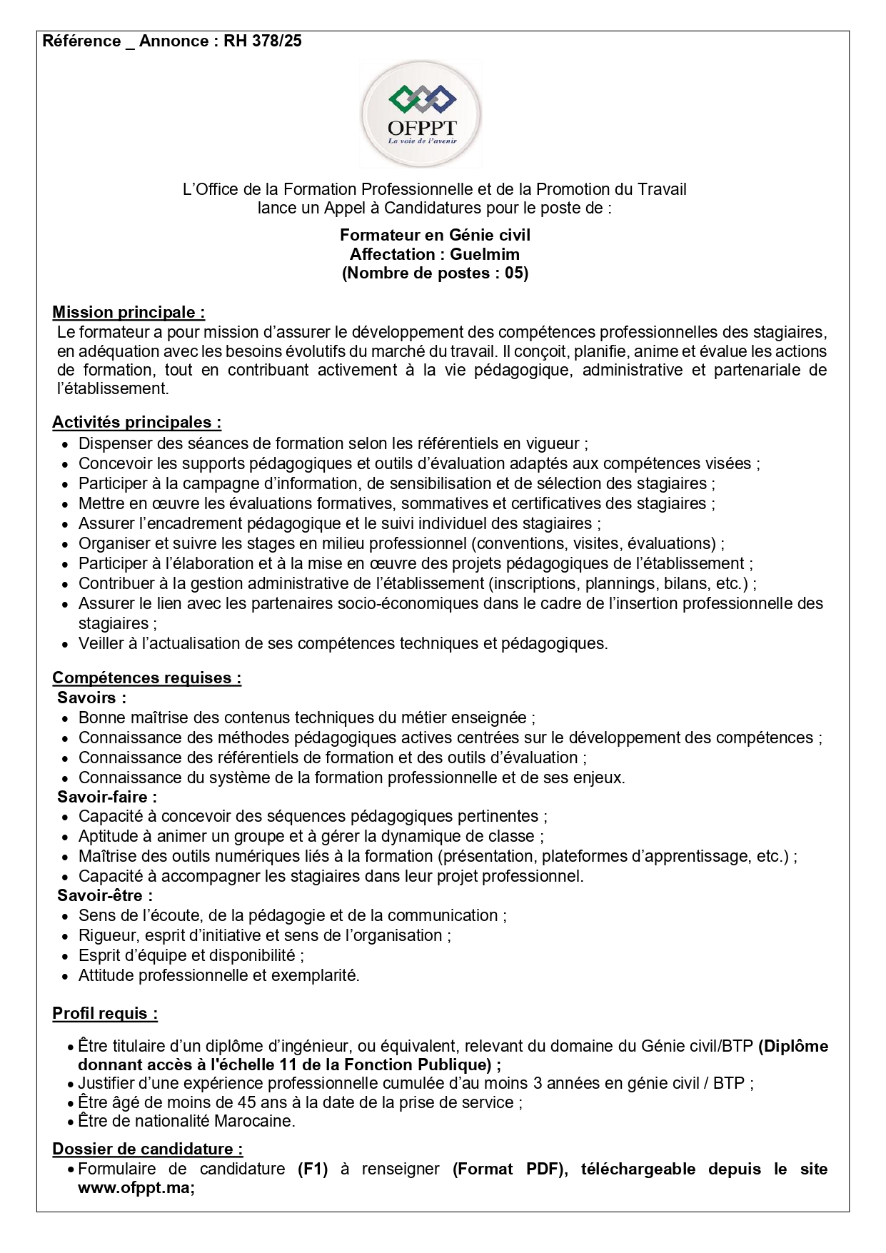 Formateur génie civil OFPPT