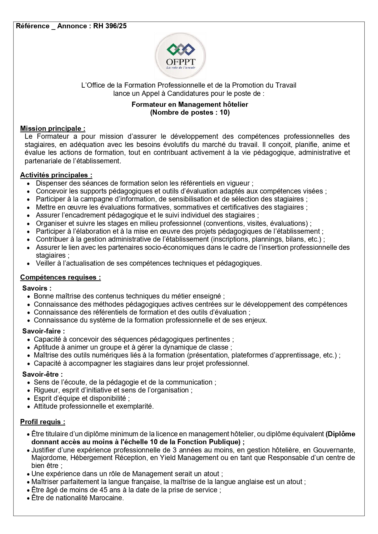 Concours formateur management hôtelier OFPPT