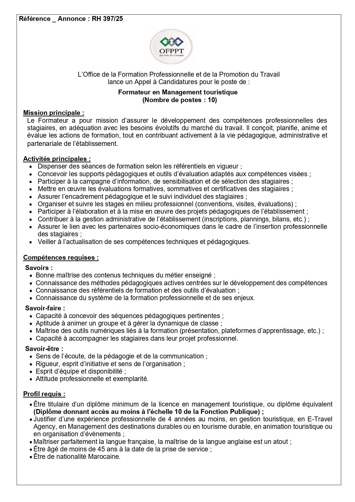 Concours formateur management touristique OFPPT