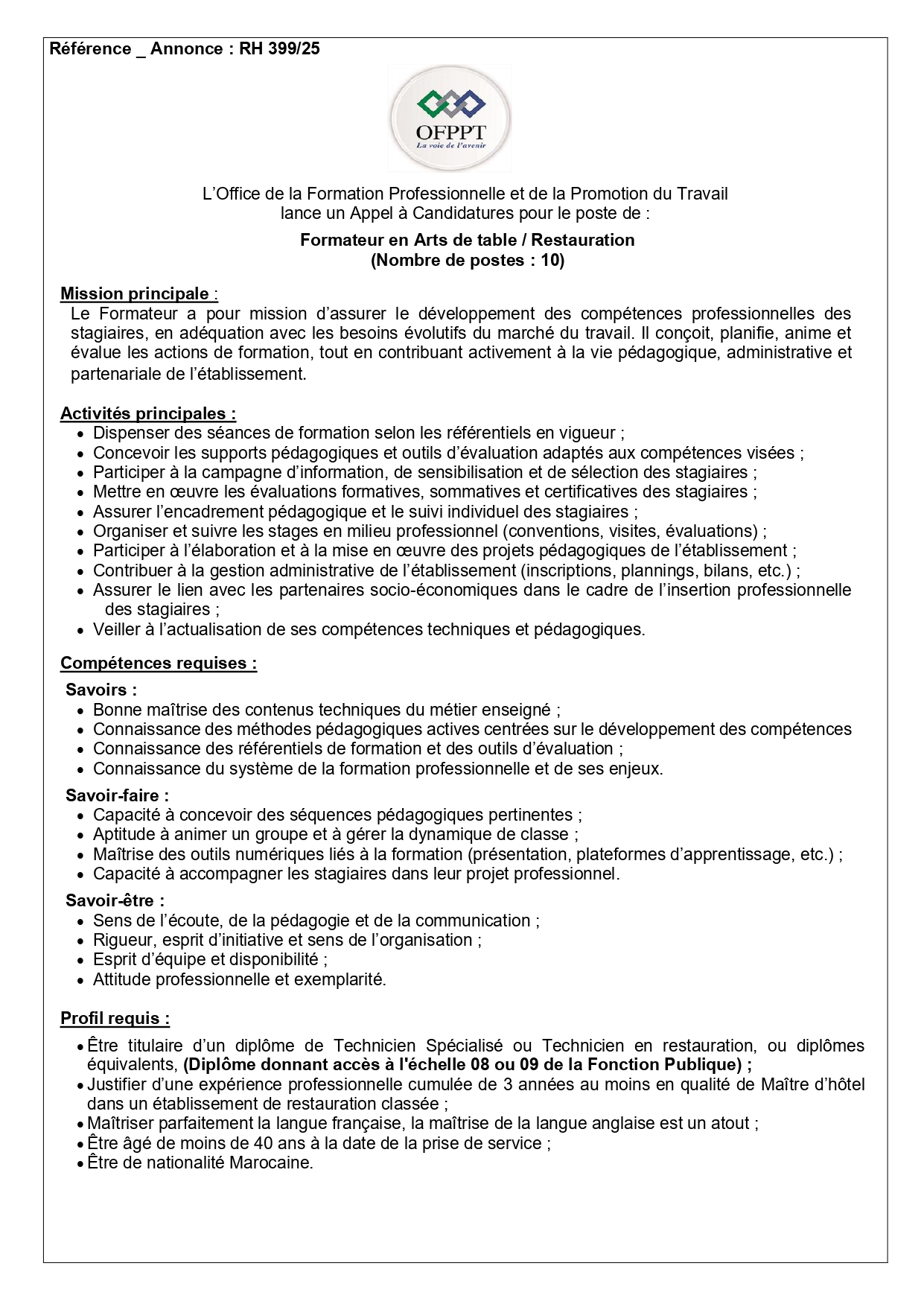 Concours formateur restauration OFPPT