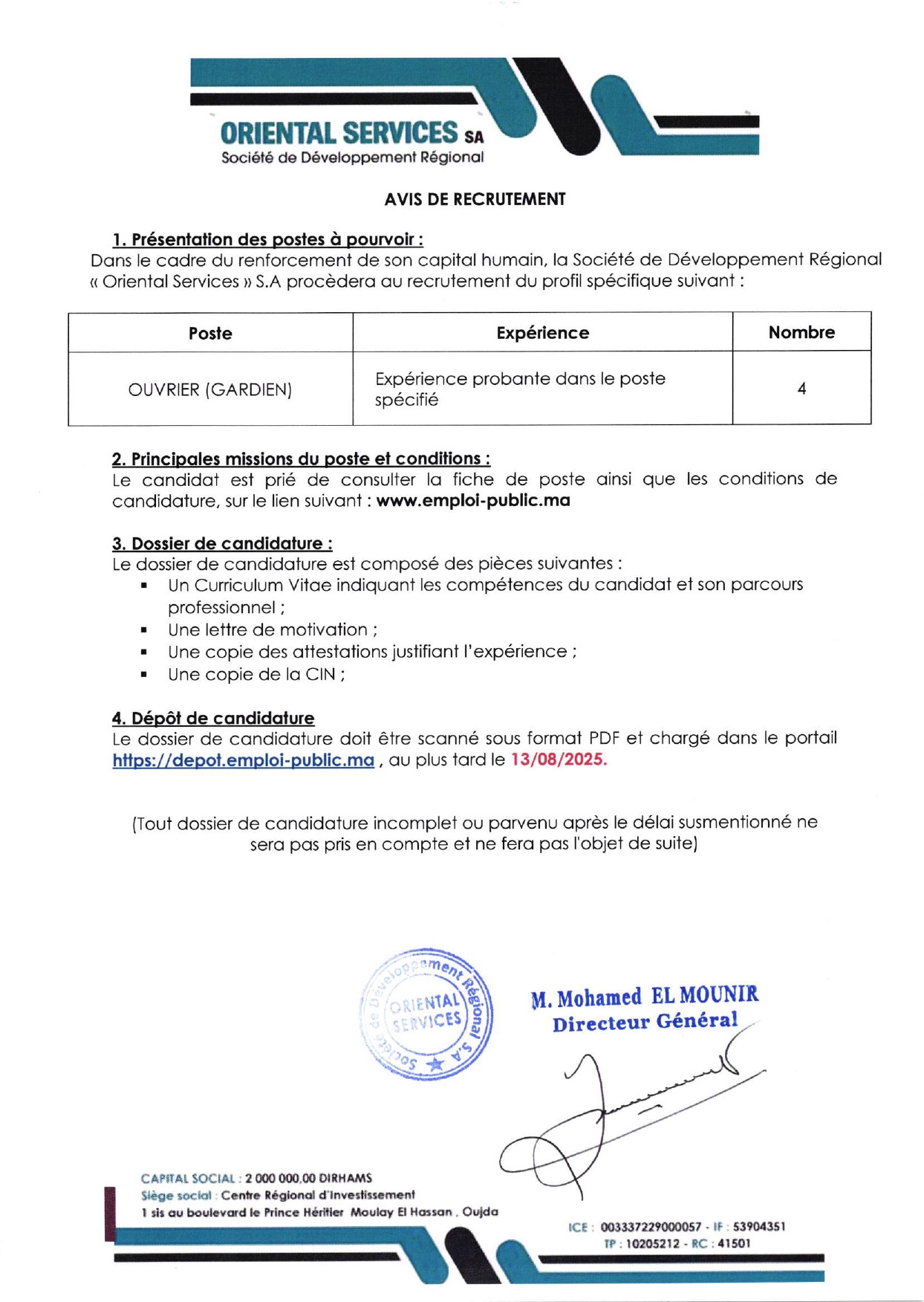 Offre d'emploi gardien