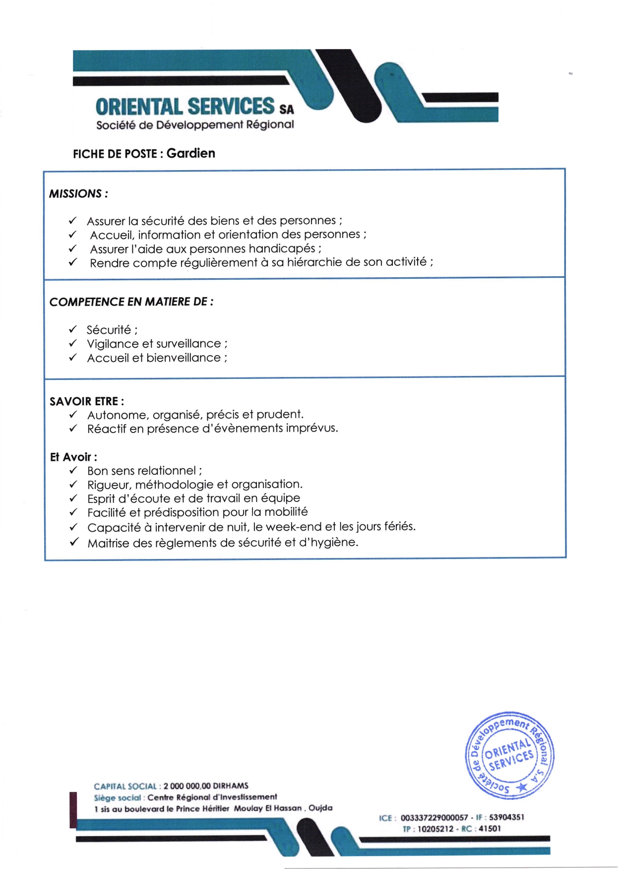 Offre d'emploi gardien