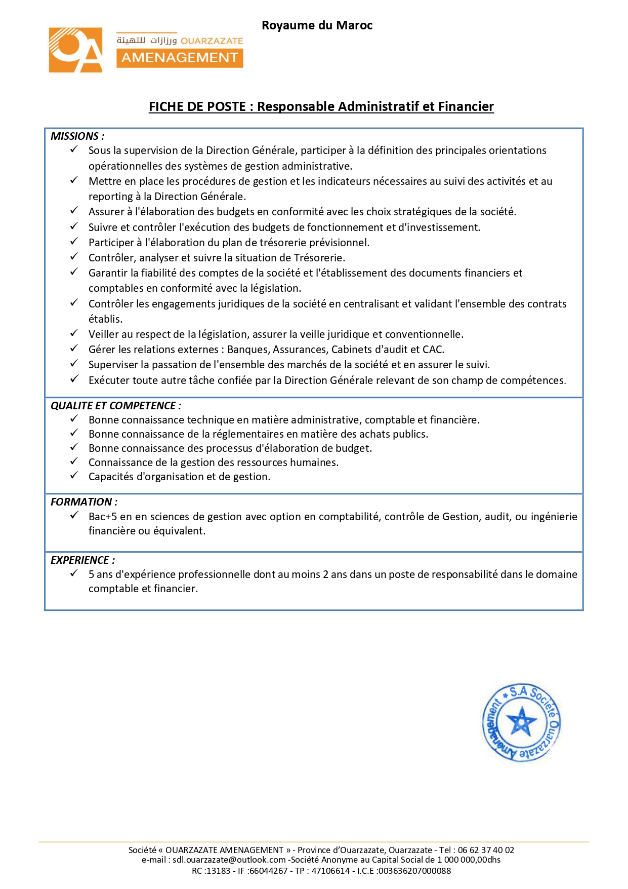 Responsable Administratif et Financier