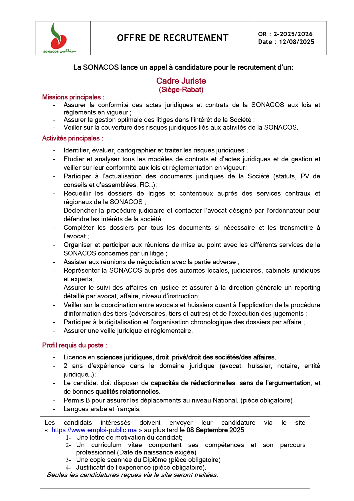 Emploi Juriste SONACOS