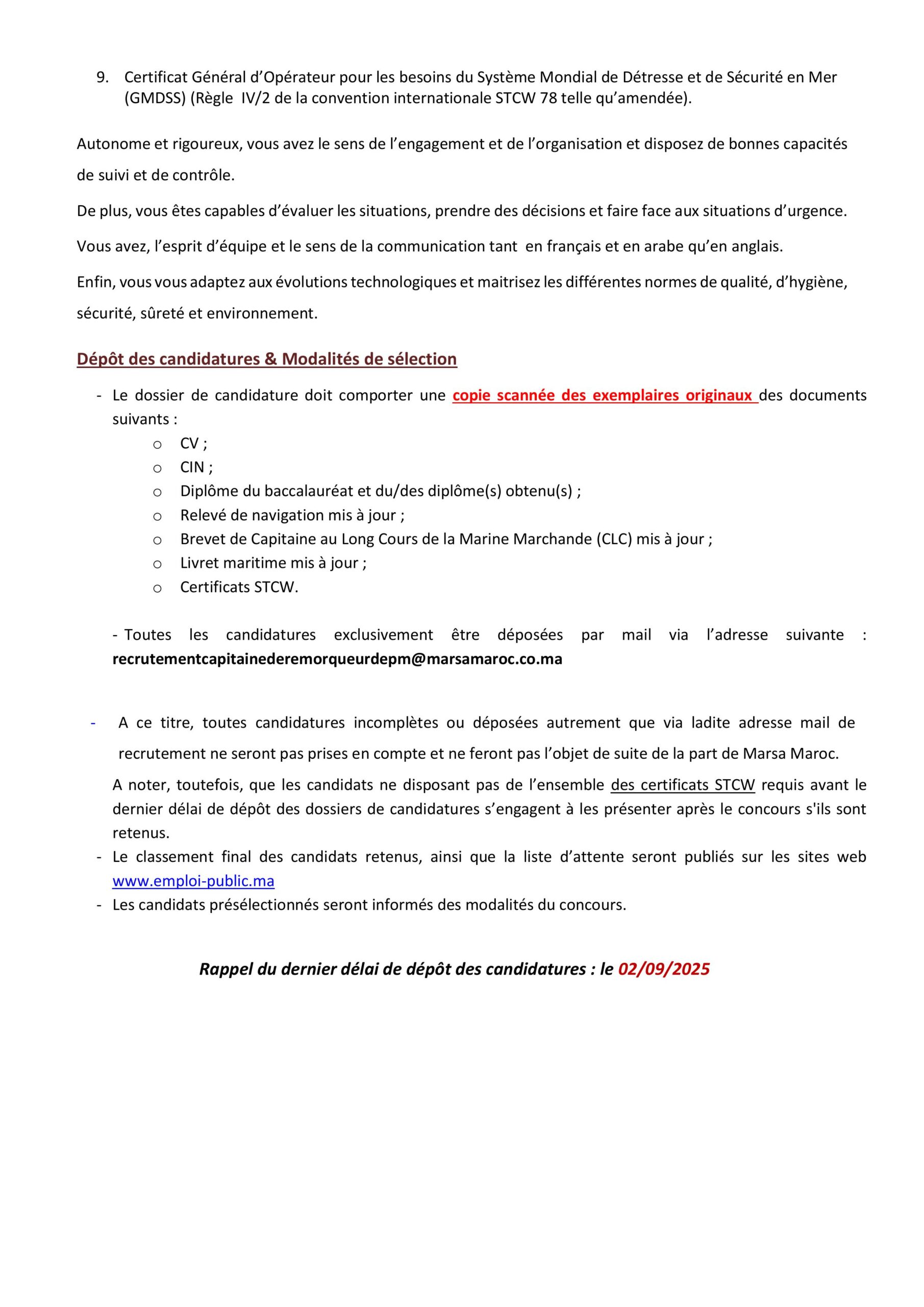 concours capitaine remorqueur Marsa Maroc