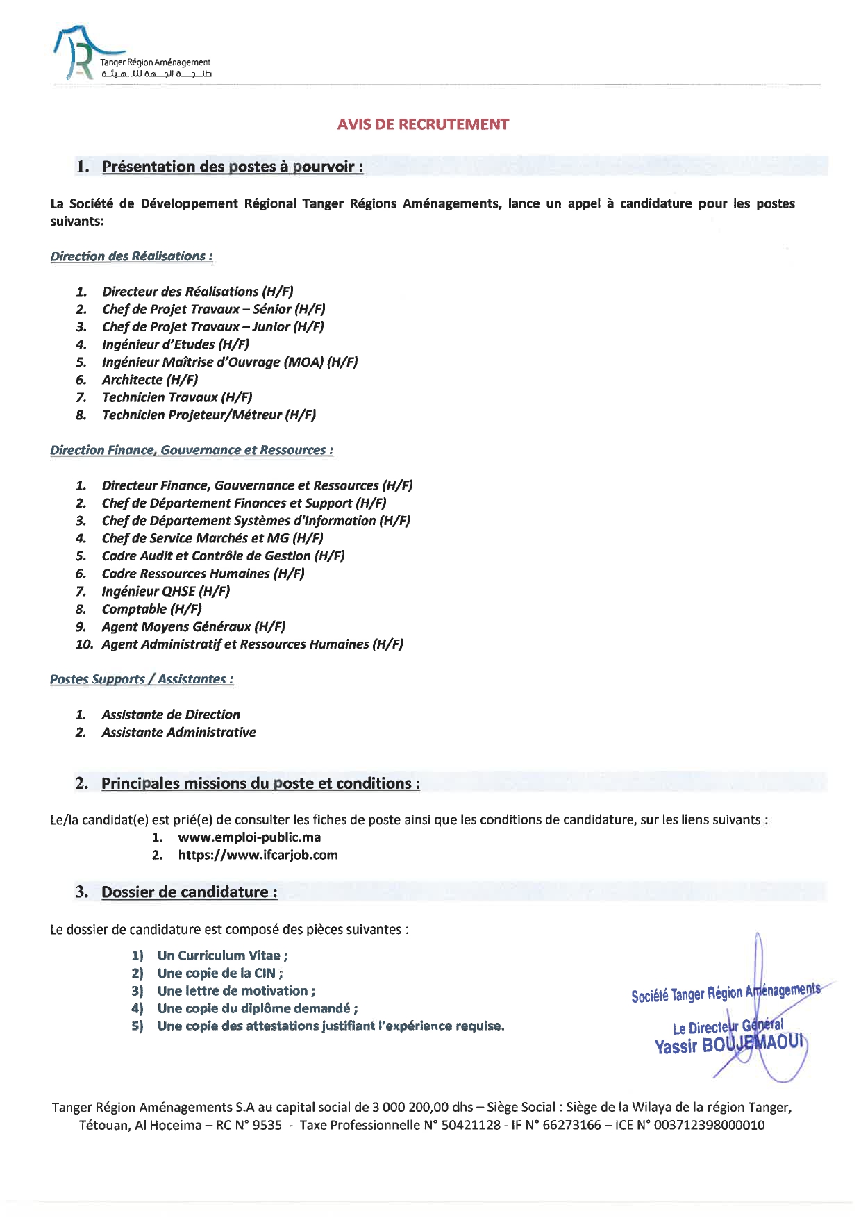 Recrutement Tanger Région Aménagement