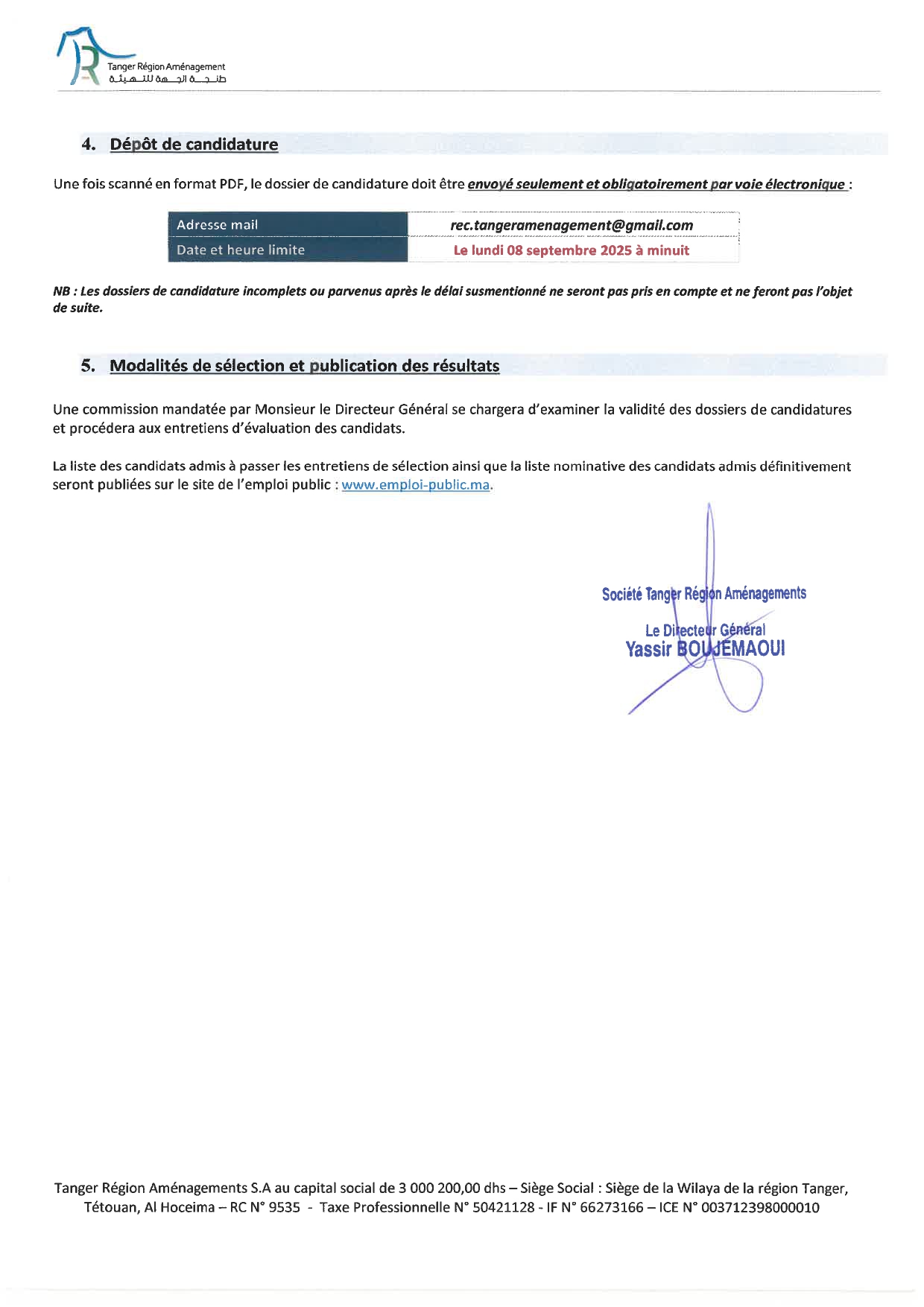 Recrutement Tanger Région Aménagement