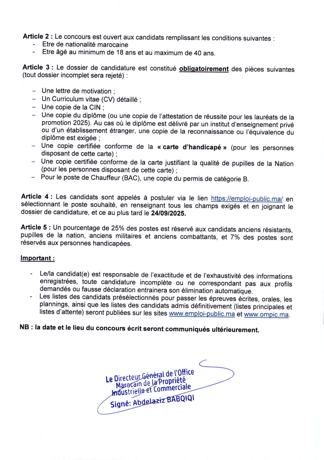 Concours Recrutement OMPIC