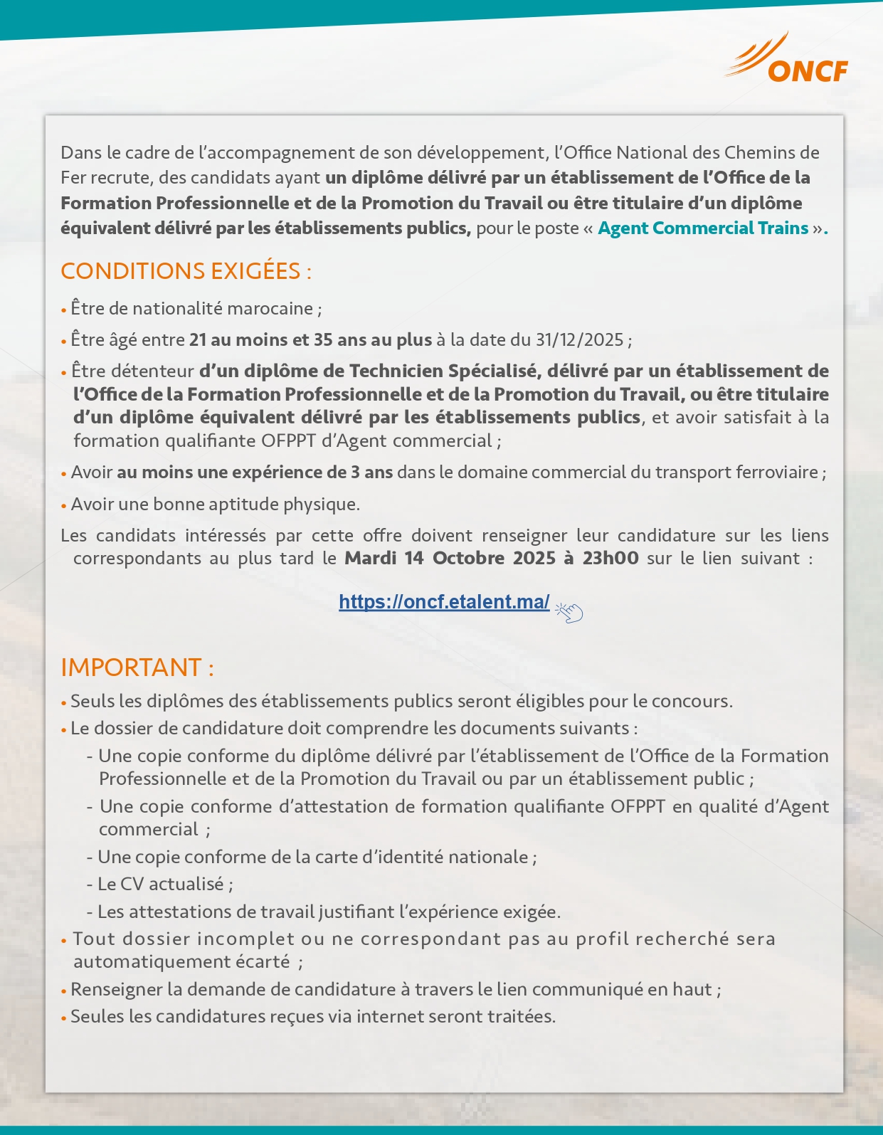 Agent Commercial Trains ONCF