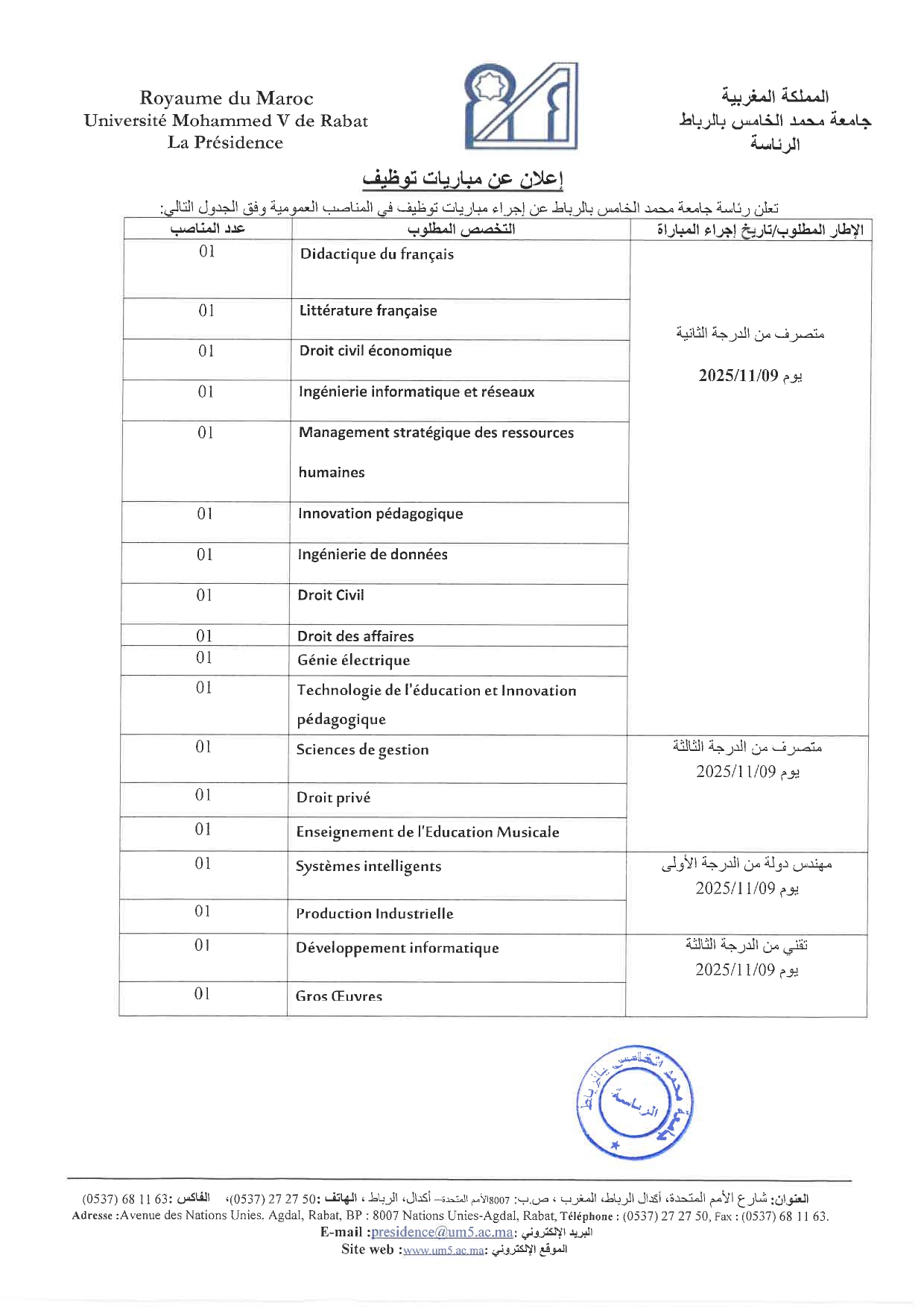 concours de recrutement UM5 Rabat