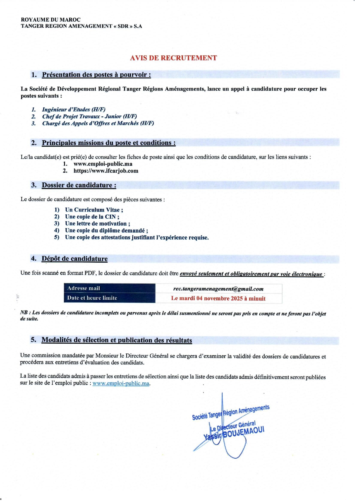 recrutement Société Tanger Région Aménagements