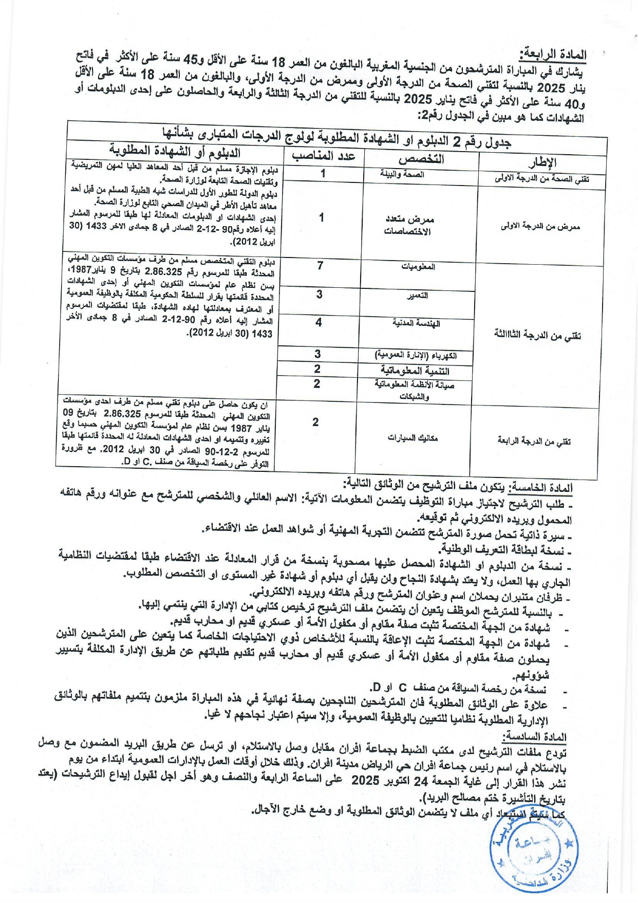 Concours Province Ifrane Technicien de 3ème grade