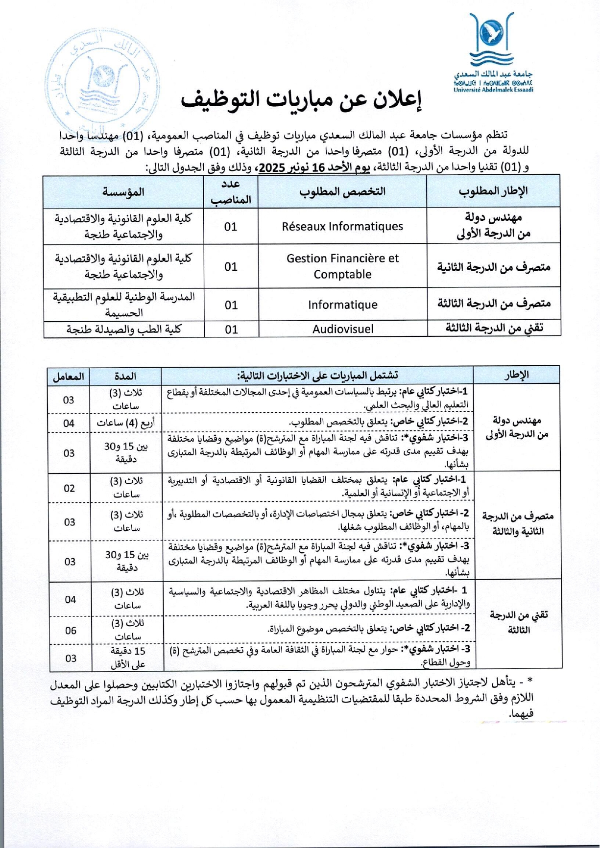 Concours de Recrutement à l'Université Abdelmalek Essaâdi