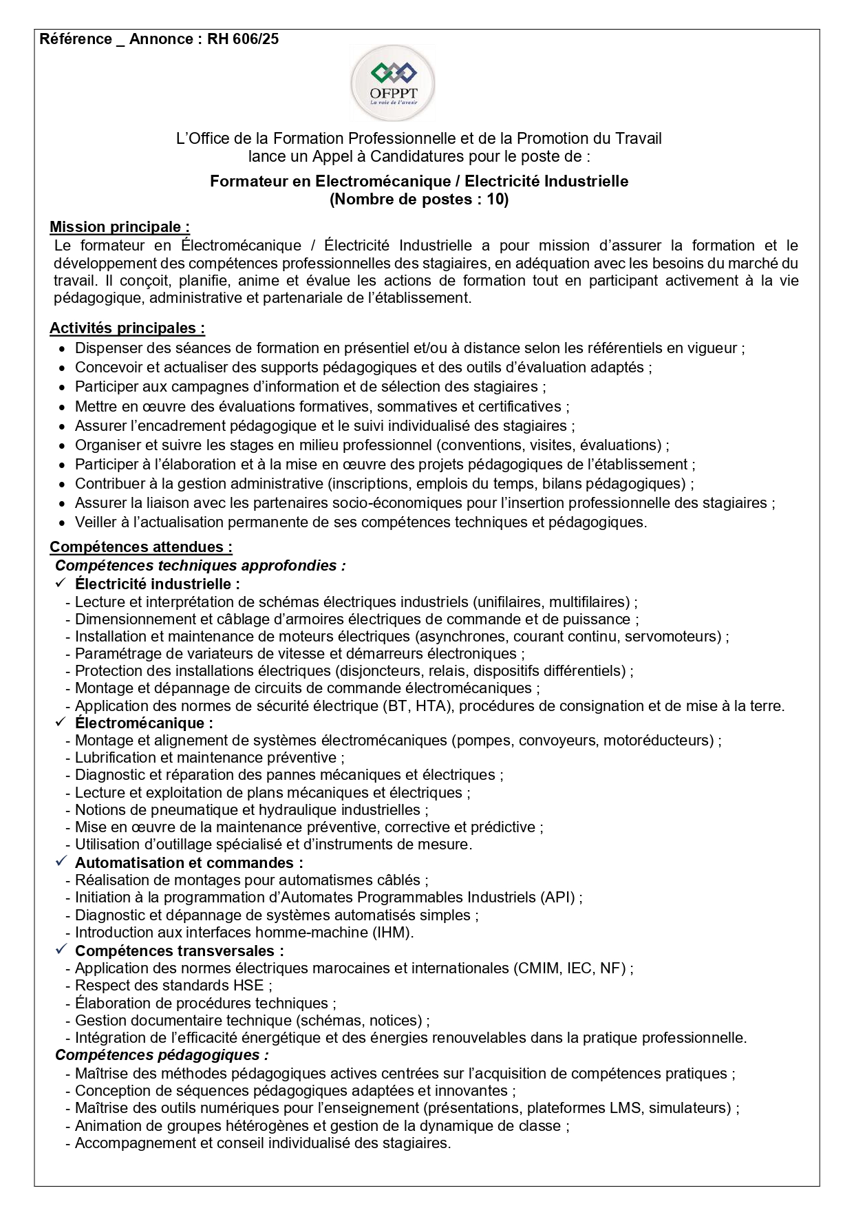 Formateur Électromécanique OFPPT