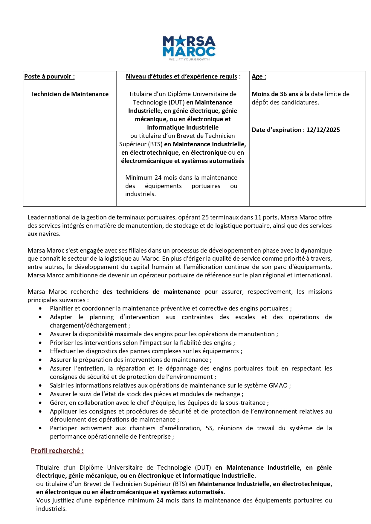 Technicien de Maintenance Marsa Maroc