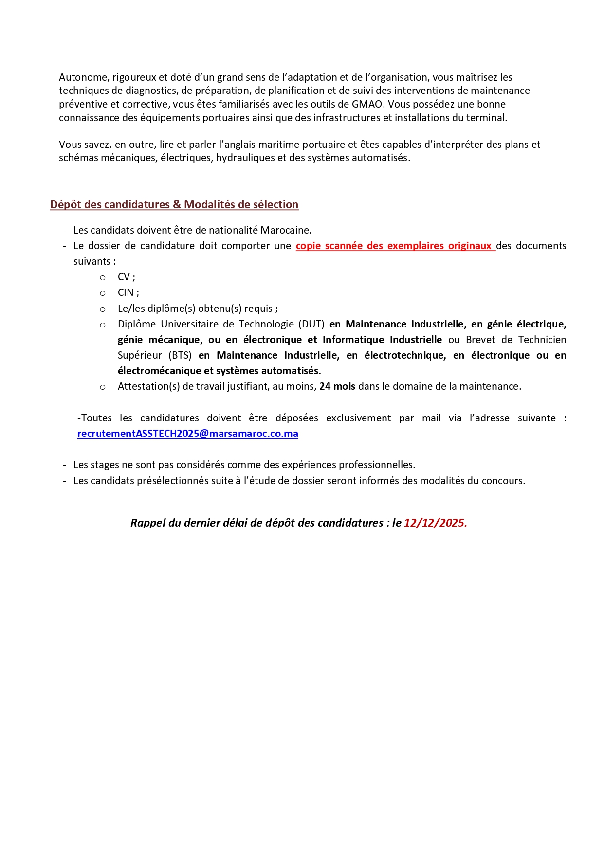 Technicien de Maintenance Marsa Maroc