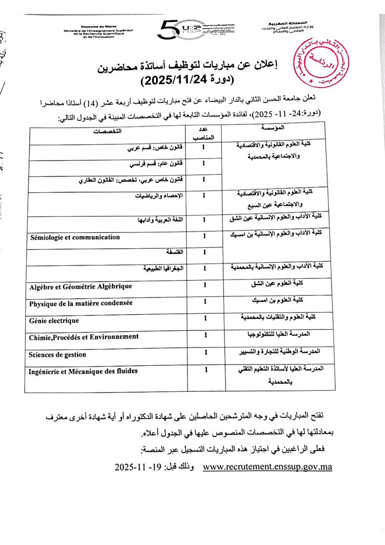 Concours Université Hassan II Maître de Conférences
