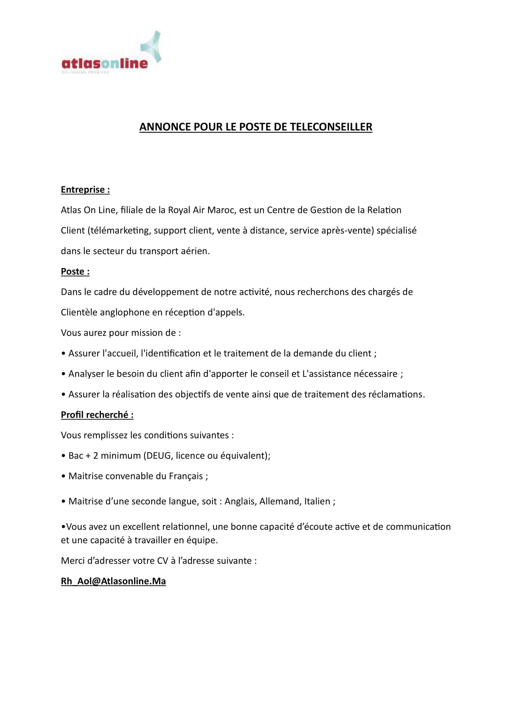 emploi téléconseiller Atlas On Line Casablanca
