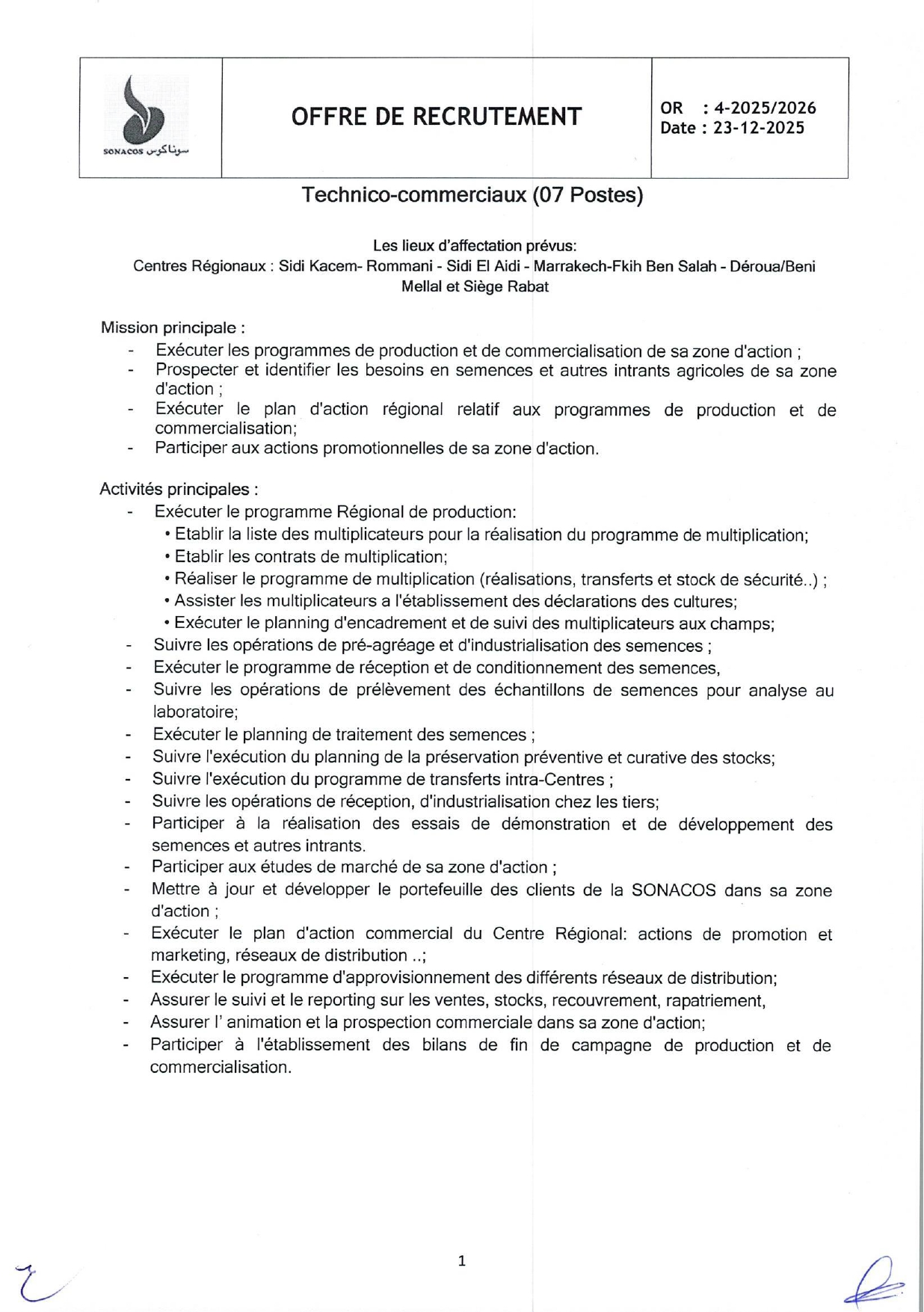 Concours SONACOS Technico-Commerciaux