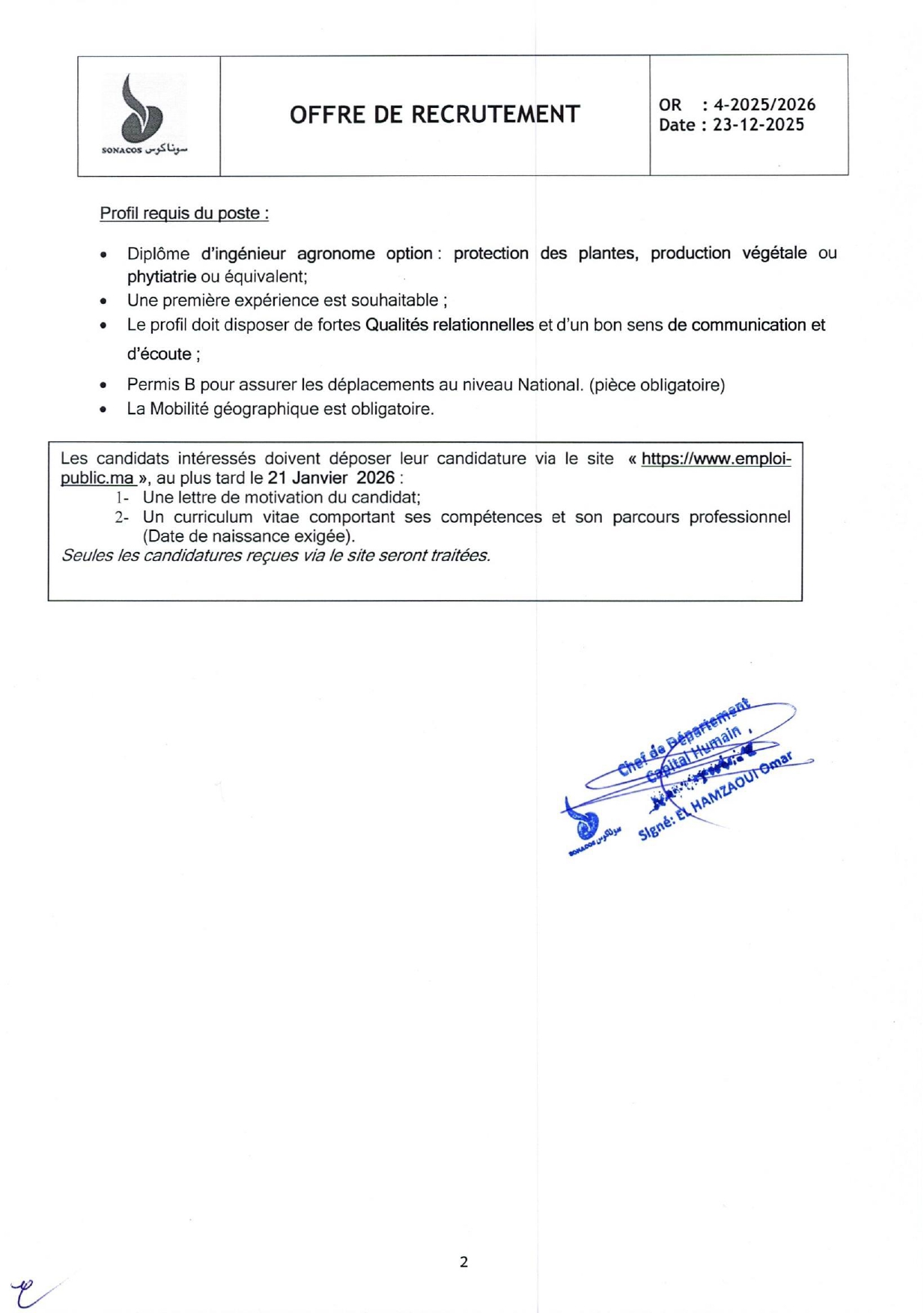 Concours SONACOS Technico-Commerciaux