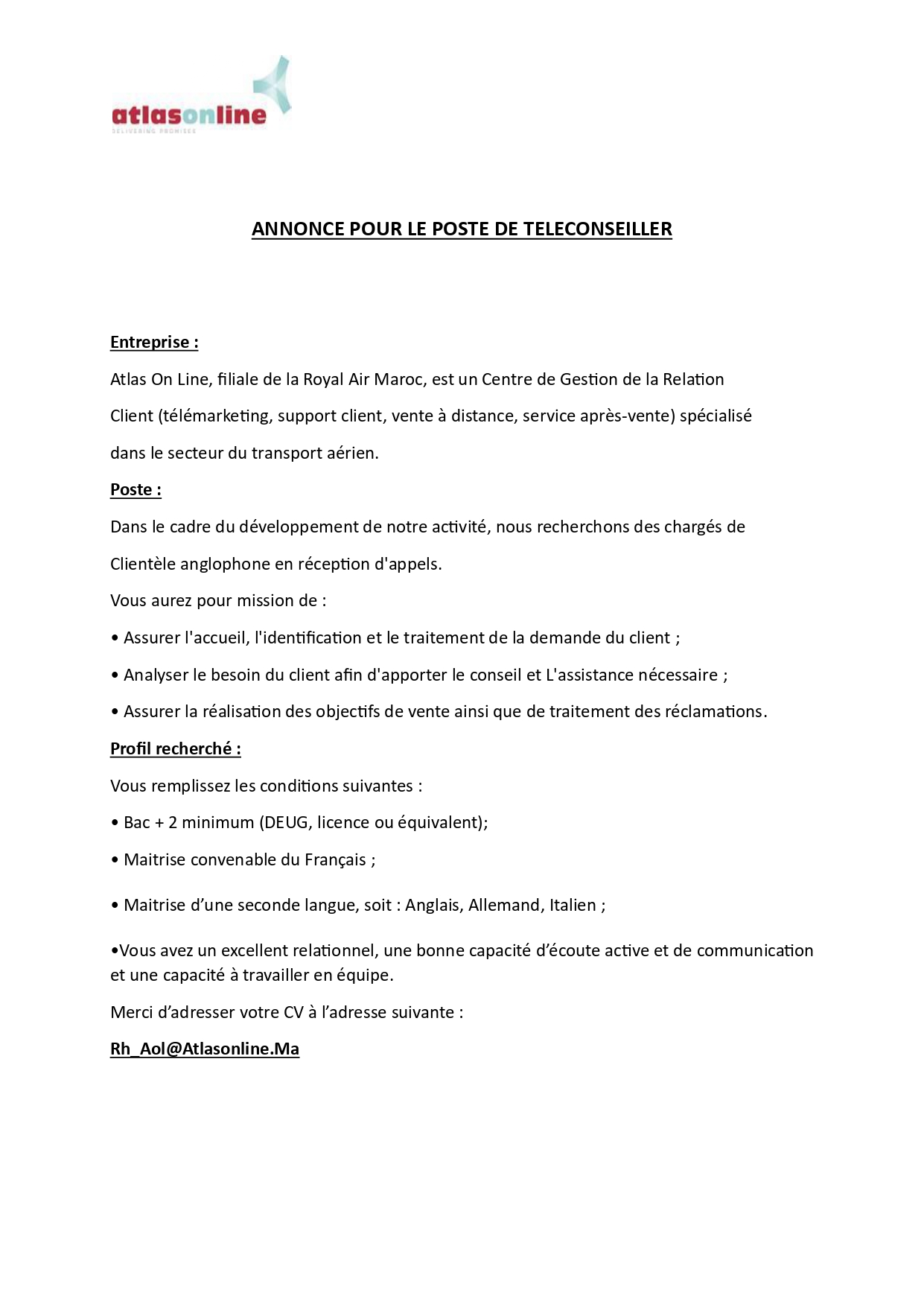 Téléconseiller Atlas On Line