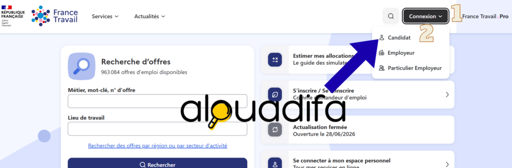 Connexion au site France Travail pour une inscription depuis le Maroc