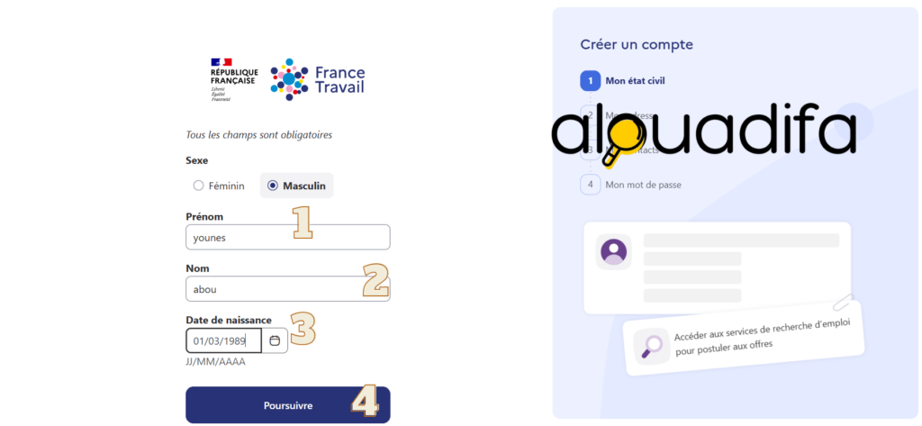 Saisie des informations personnelles sur France Travail