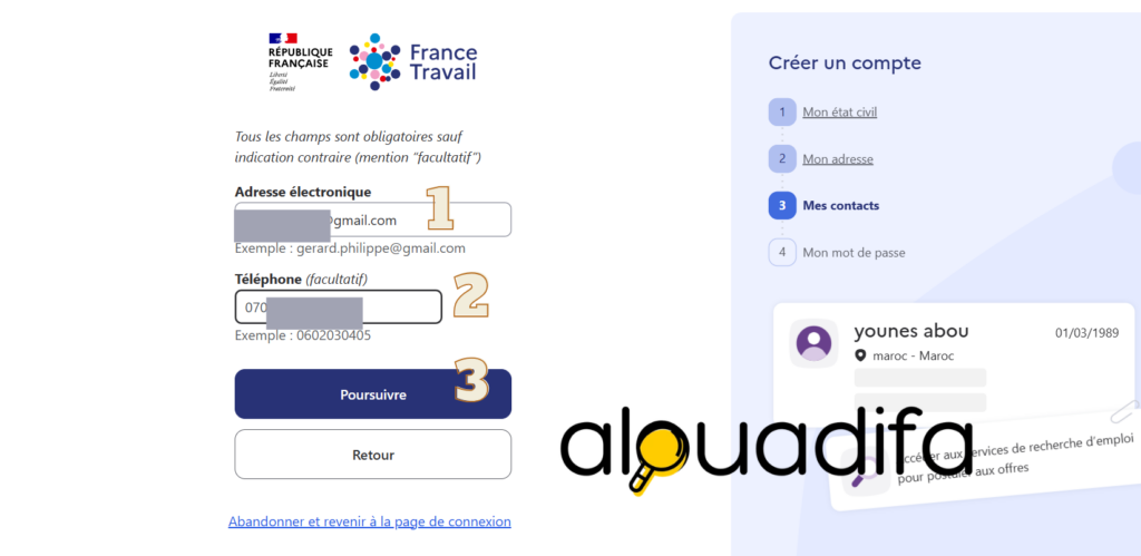 Ajouter une adresse e-mail et un téléphone marocain sur France Travail