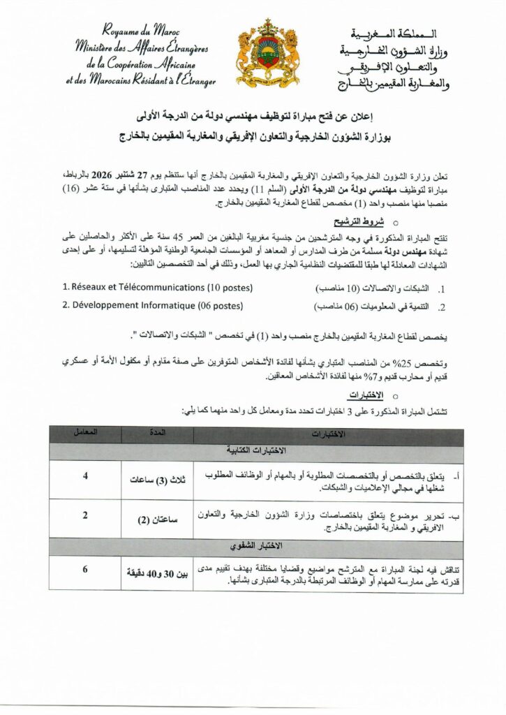 Ministère des Affaires Étrangères Recrute 16 Ingénieurs d'État (Échelle 11) alwadifa