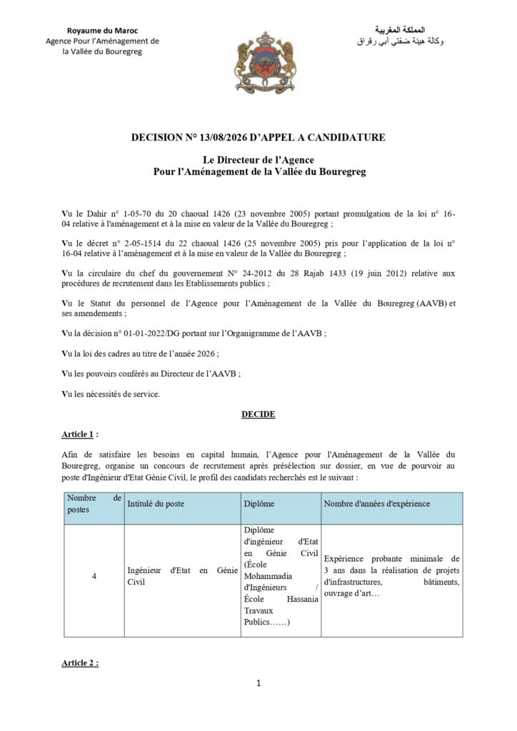 Concours AAVB : 4 Ingénieurs Génie Civil (Rabat-Salé) | bouregreg alwadifa