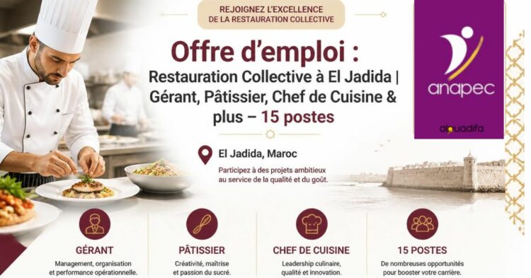 15 Postes à El Jadida : Recrutement en Restauration Collective | Gérant, Pâtissier & Chef alwadifa