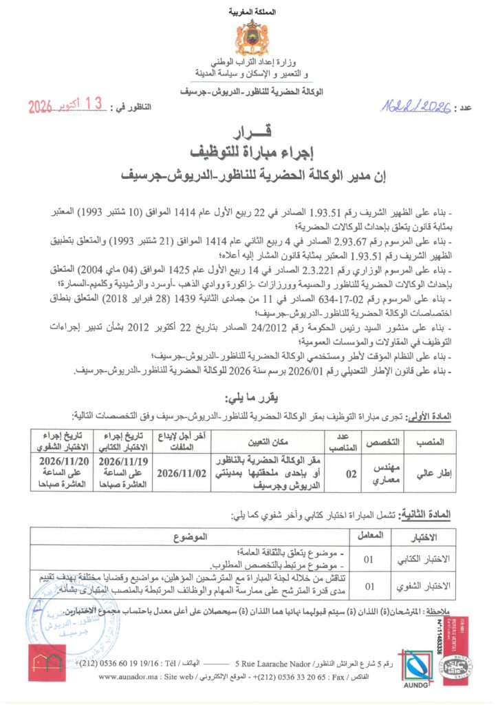 Concours Agence Urbaine de Nador 2026