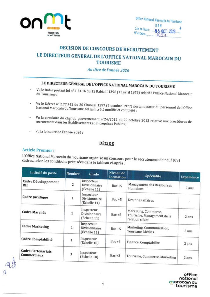 Concours de recrutement ONMT 2026
