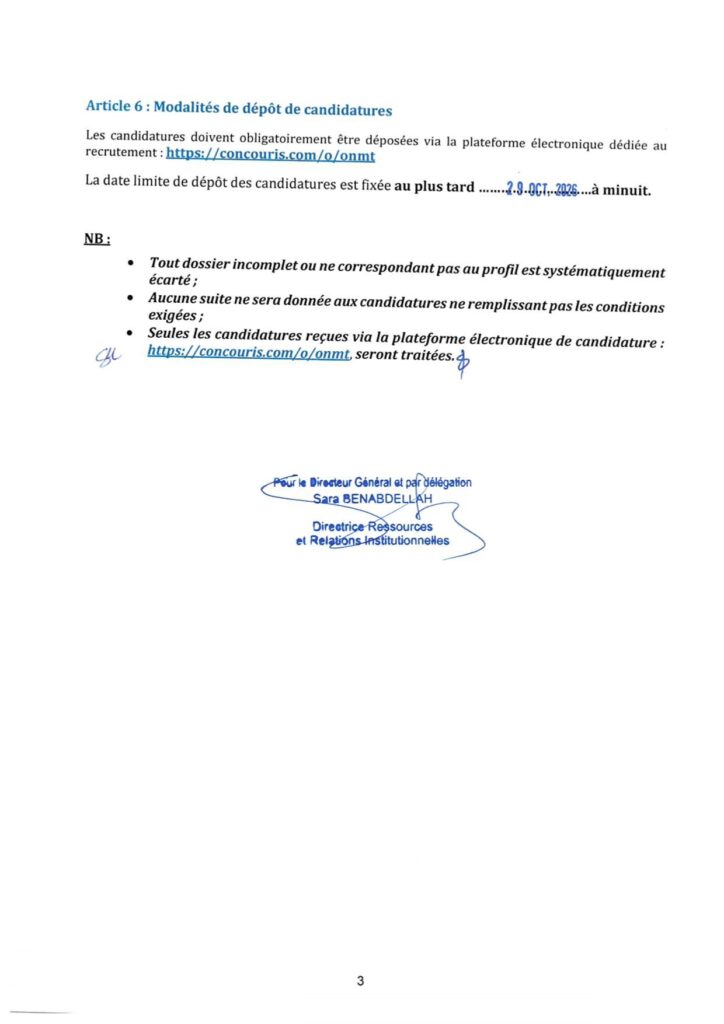 Concours de recrutement ONMT 2026